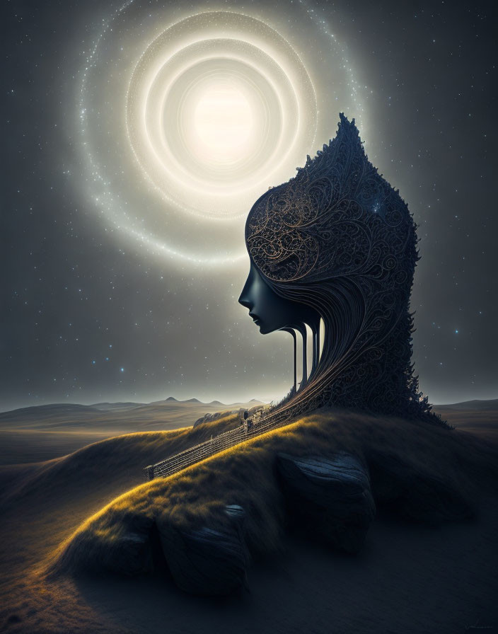 Silhouette of Human Profile Blended with Landscape and Celestial Spiral Patterns