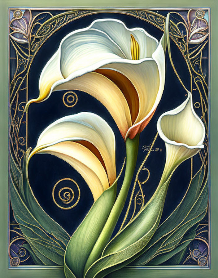 Art Nouveau Style Illustration of Three Calla Lilies