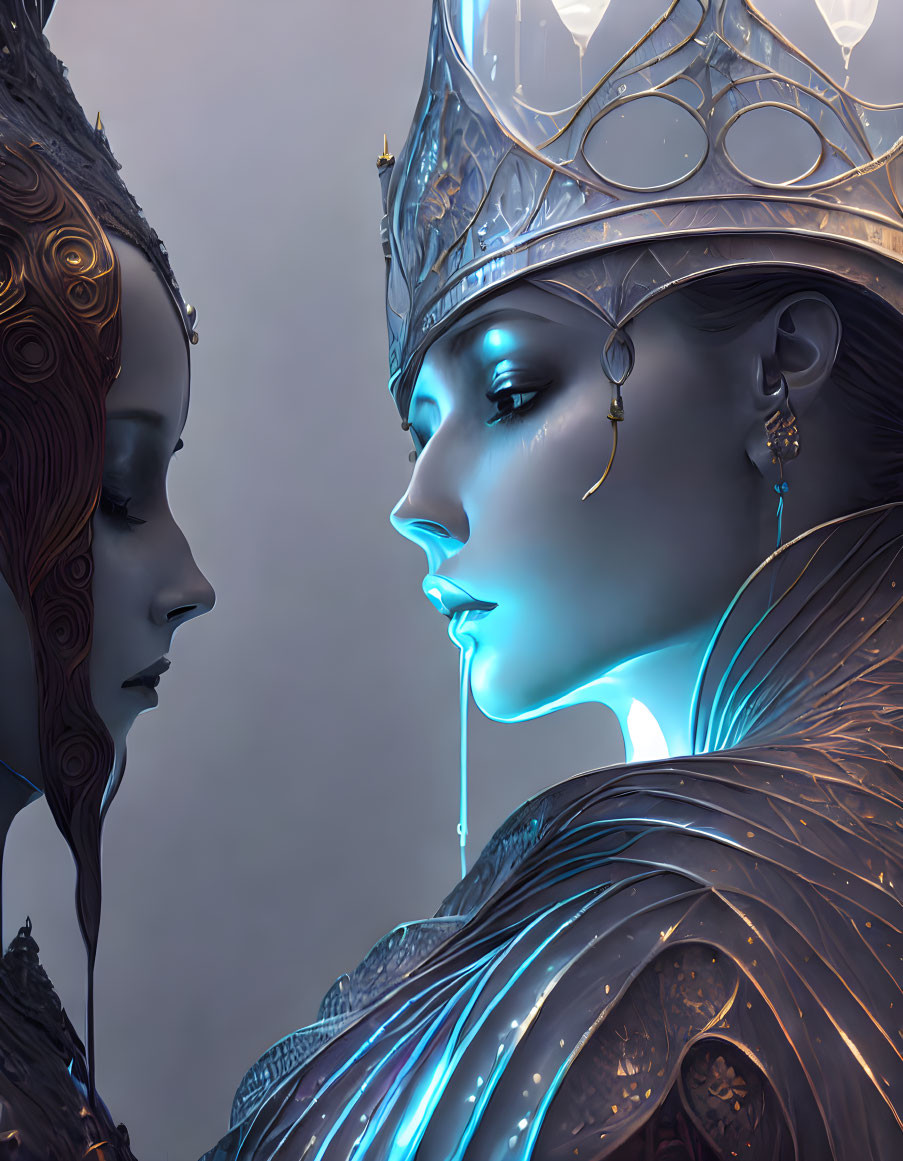 Ethereal Female Figures with Intricate Crowns in 3D Fantasy Style