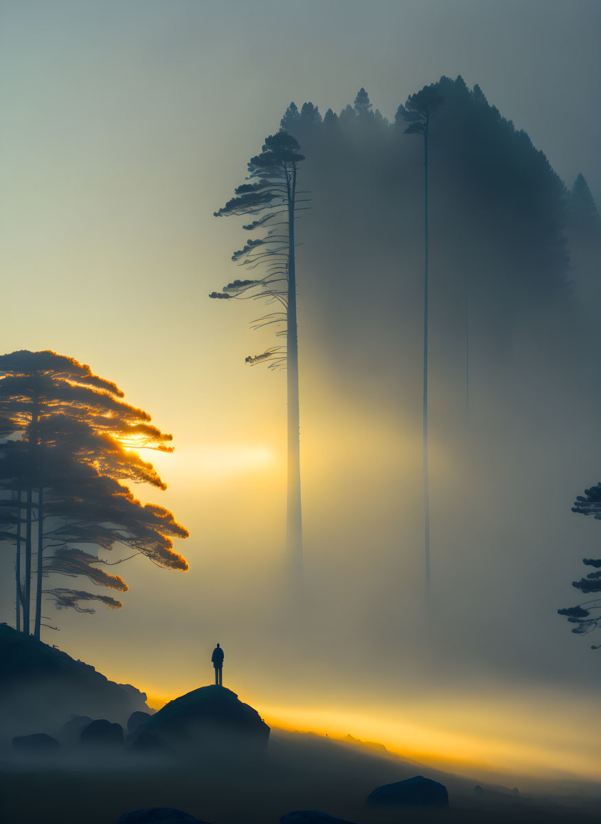 Solitary figure on misty hill with silhouetted trees at sunrise