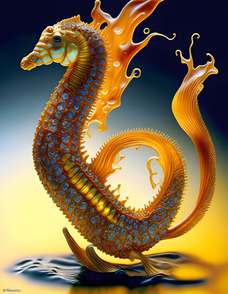 Colorful surreal seahorse illustration with flame-like fins on blue background