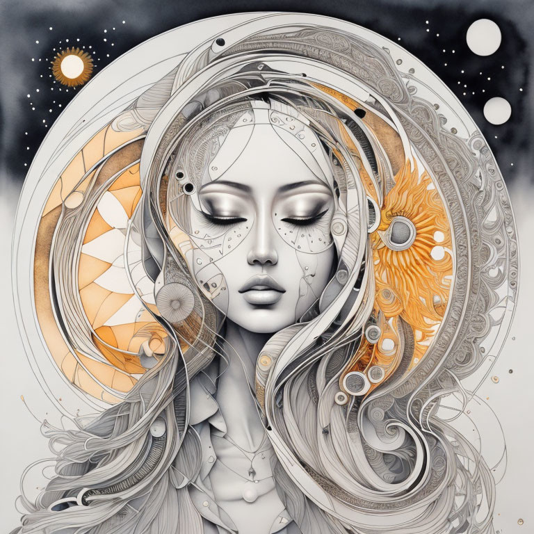 Celestial-themed woman illustration with sun, moon symbols, and intricate patterns.