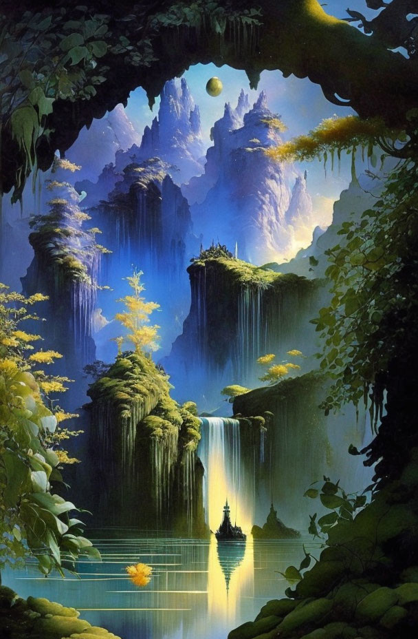 Majestic waterfalls, tranquil lake, lush greenery, small boat in moonlit fantasy scene