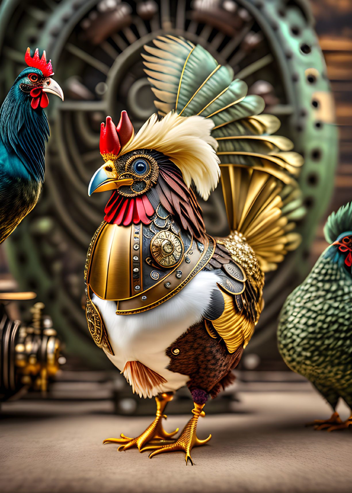 Steampunk-style rooster with mechanical elements and ornate details, surrounded by two roosters