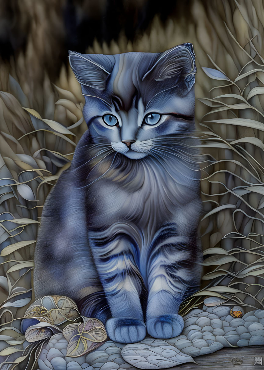 Blue-gray striped cat in wheat field with stones and leaves