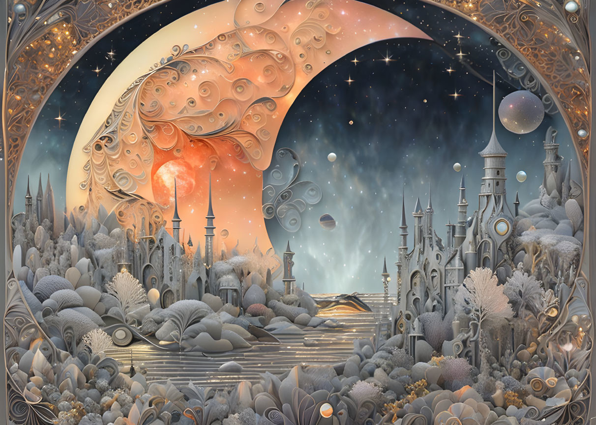 Fantasy landscape with castles, foliage, galaxy, and moon portal.