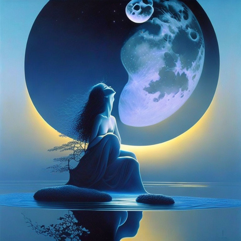 Woman sitting on rock by water under moon and stars in serene night illustration