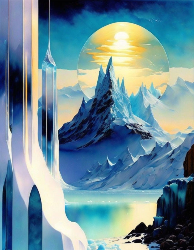 Fantastical landscape with towering mountain, oversized moon, waterfalls, turquoise lake, icy cliffs