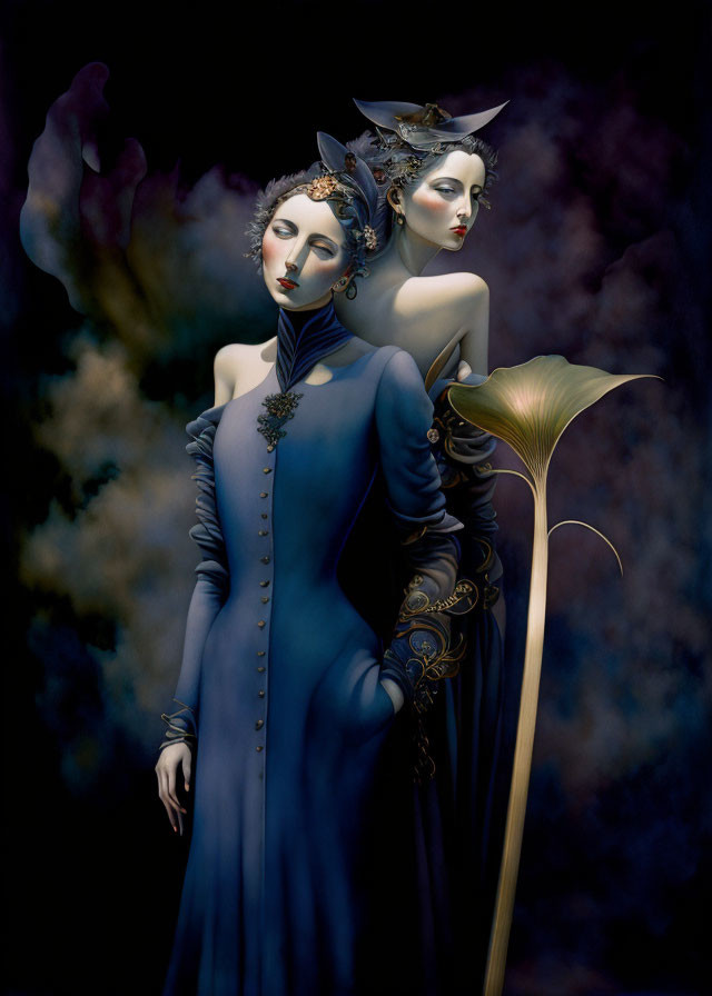 Two Pale-Skinned Women in Blue Dress with Golden Flower on Dark Background