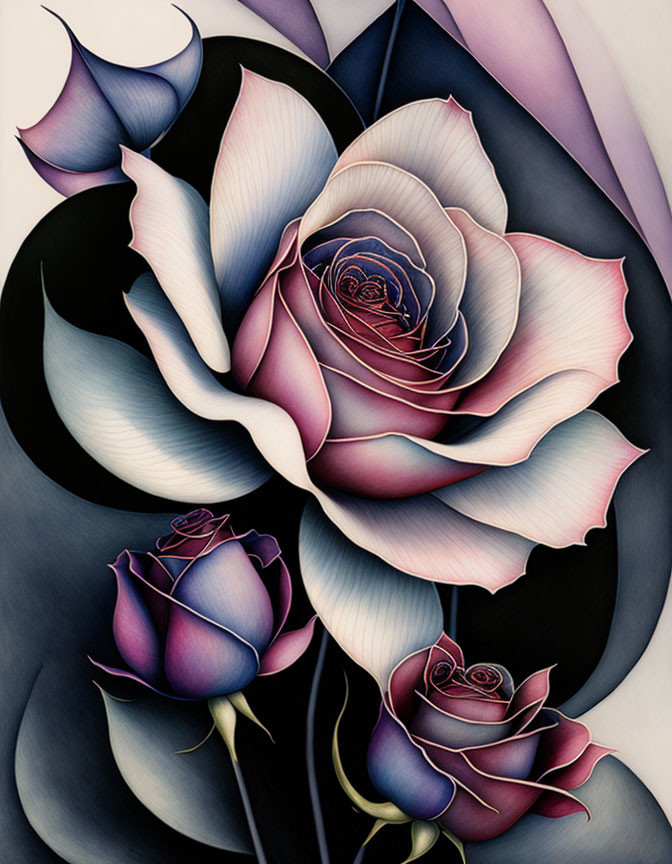 Stylized illustration of three gradient roses on dark background