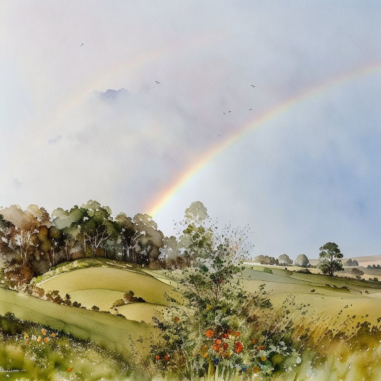 Vibrant rainbow over rolling hills and colorful wildflowers