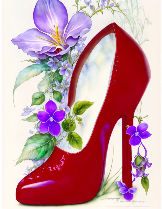 Red high heel shoe on floral purple background with white to blue gradient.