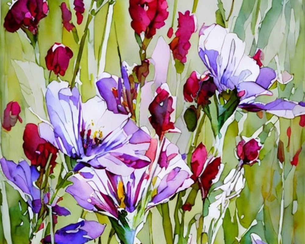 Colorful Watercolor Painting of Purple and Red Flowers on Green Background