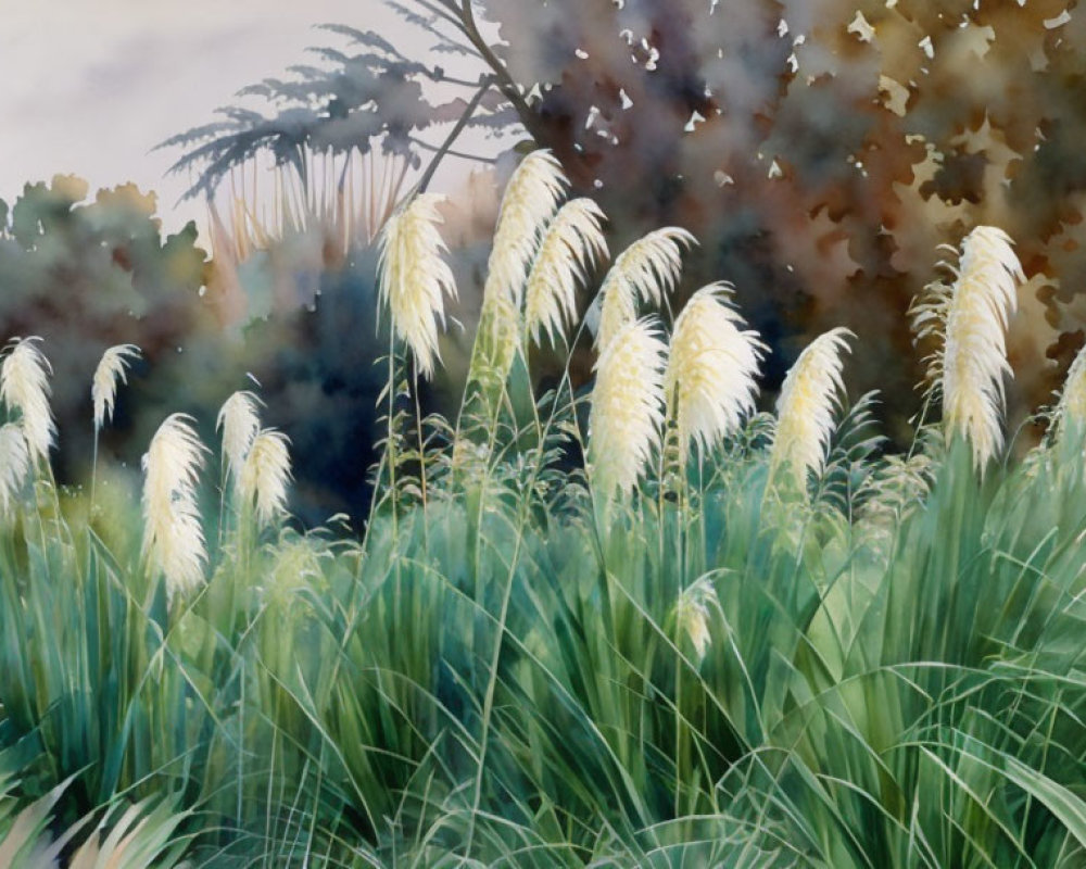 Tranquil watercolor painting of tall pampas grass and foliage in muted tones