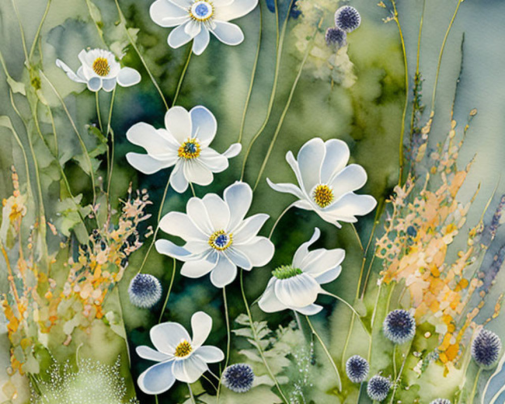 Watercolor painting of white daisies surrounded by delicate wildflowers in soft green, yellow, and