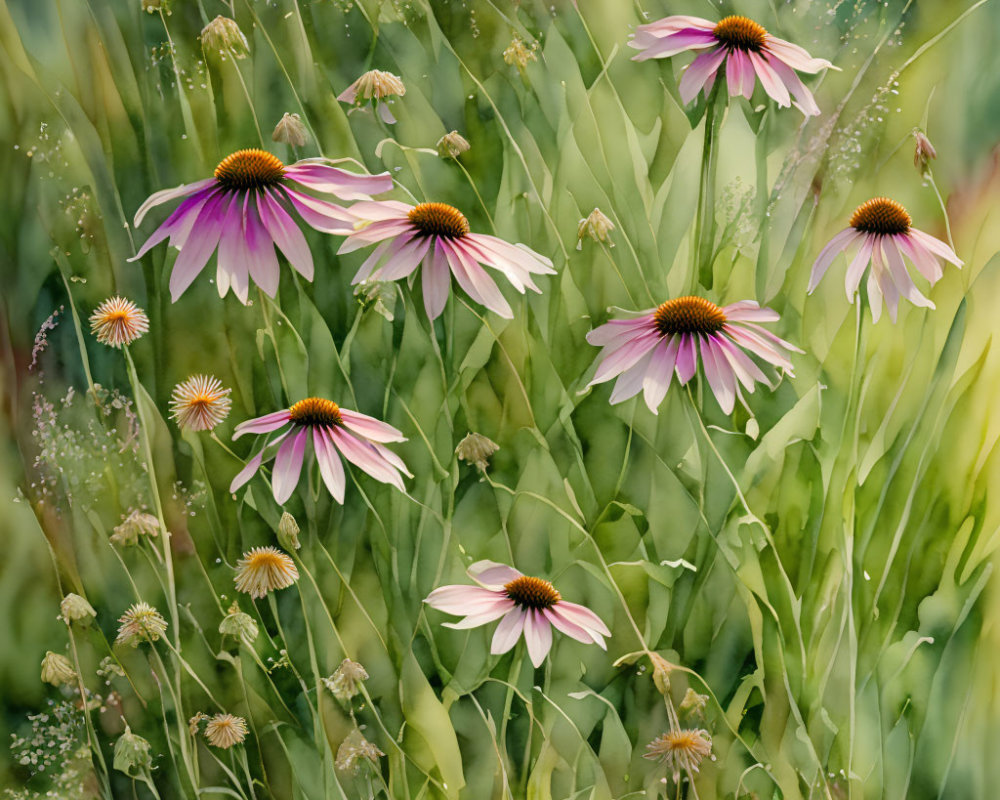 Tranquil scene of blooming purple coneflowers in lush meadow