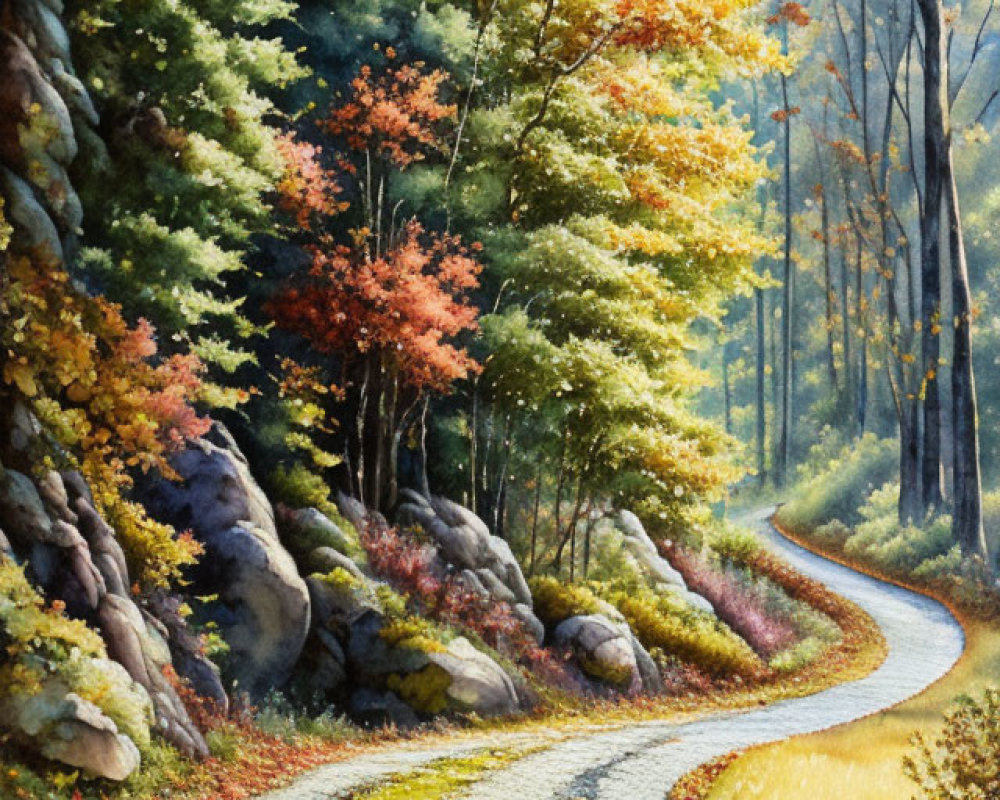 Colorful Autumn Trees Line Winding Forest Path