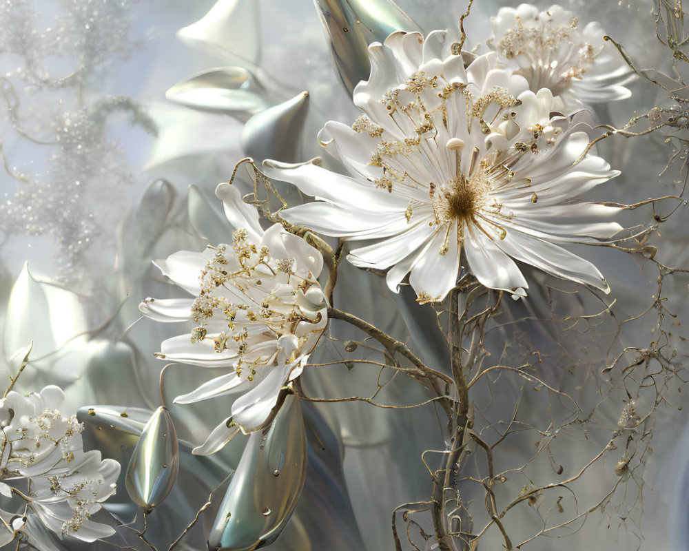 White Blossoms with Glistening Petals on Gold-Tinged Branches