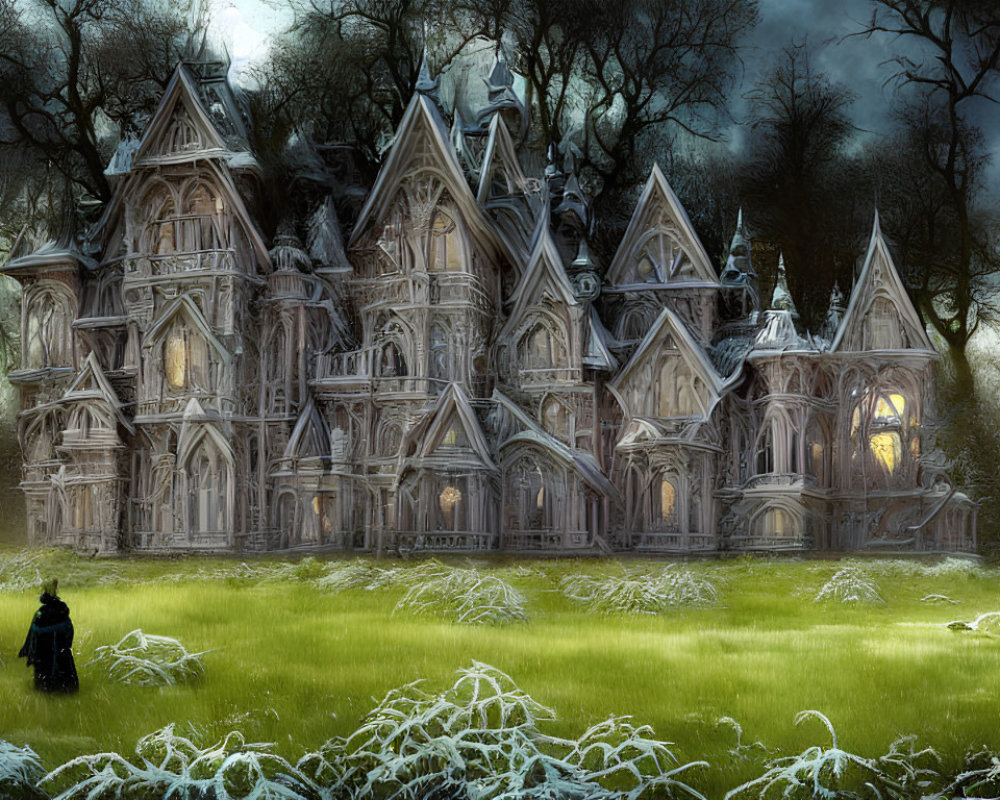 Gothic-style mansion in twilight forest with cloaked figure