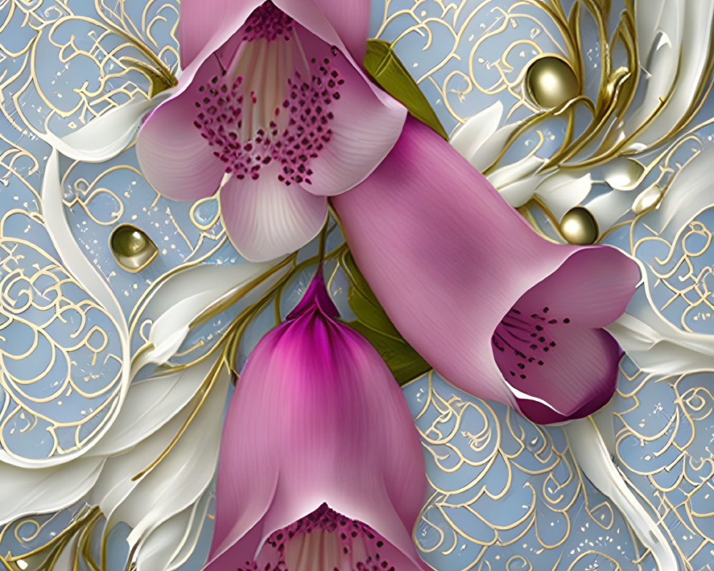 Purple Foxglove Flowers with Gold and White Leaves on Blue Background