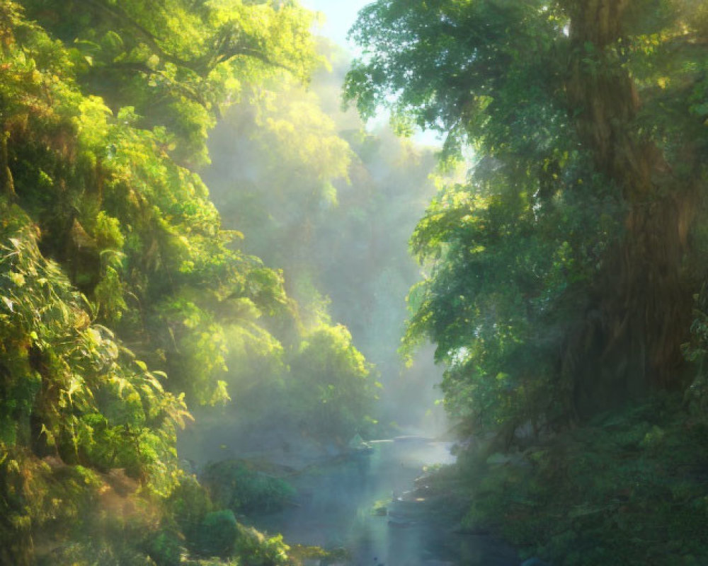 Sunlit forest stream with mystical atmosphere