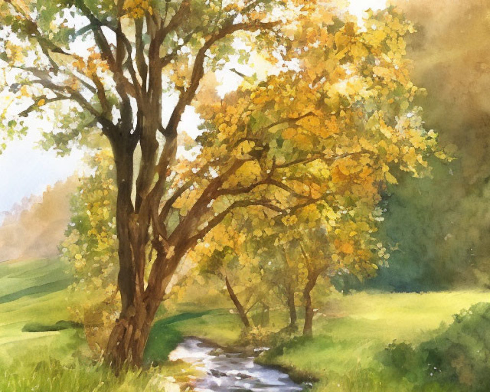 Tranquil watercolor artwork of tree by stream