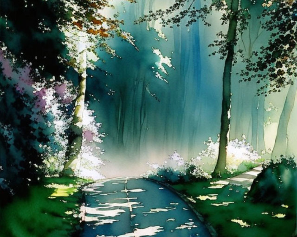 Sunlit forest path watercolor painting serene scene