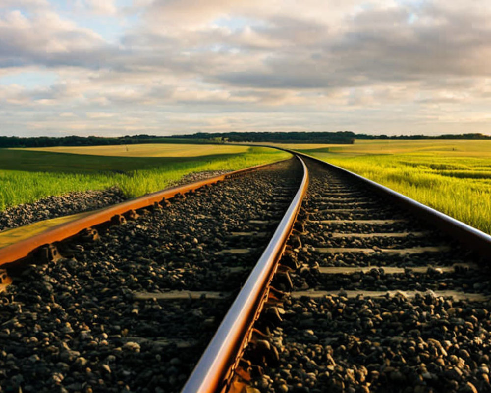 Curving railroad tracks in lush green field under sunset sky