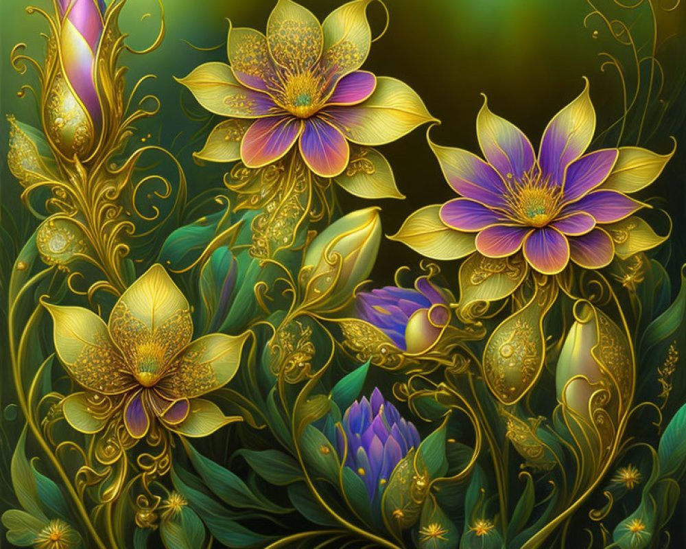 Colorful Stylized Flowers with Gold Accents on Dark Gradient Background