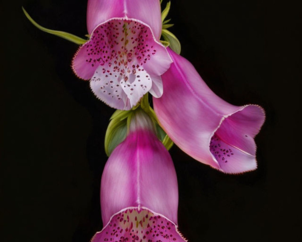 Three Pink Bell-Shaped Flowers on Black Background