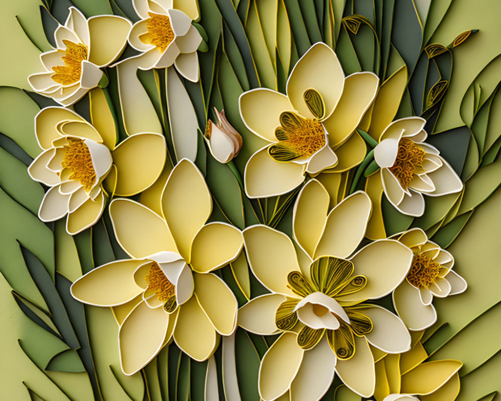 Detailed Paper Art: Cluster of Yellow & White Daffodils with Brown Centers