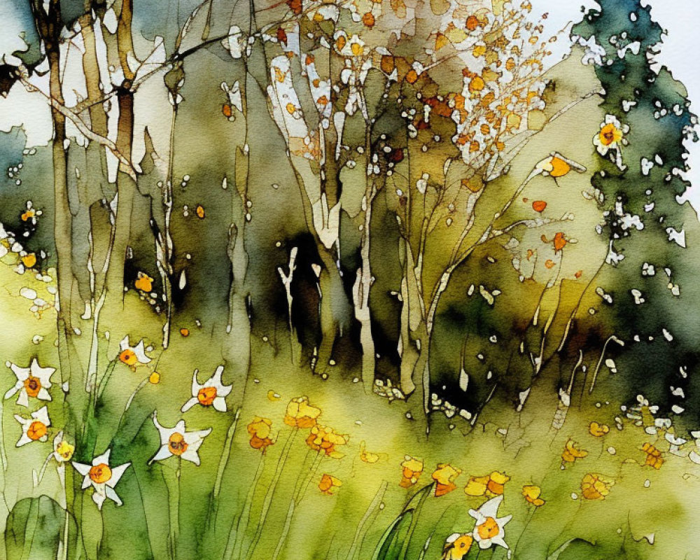 Vibrant watercolor painting: Green meadow with blooming daffodils and autumn trees