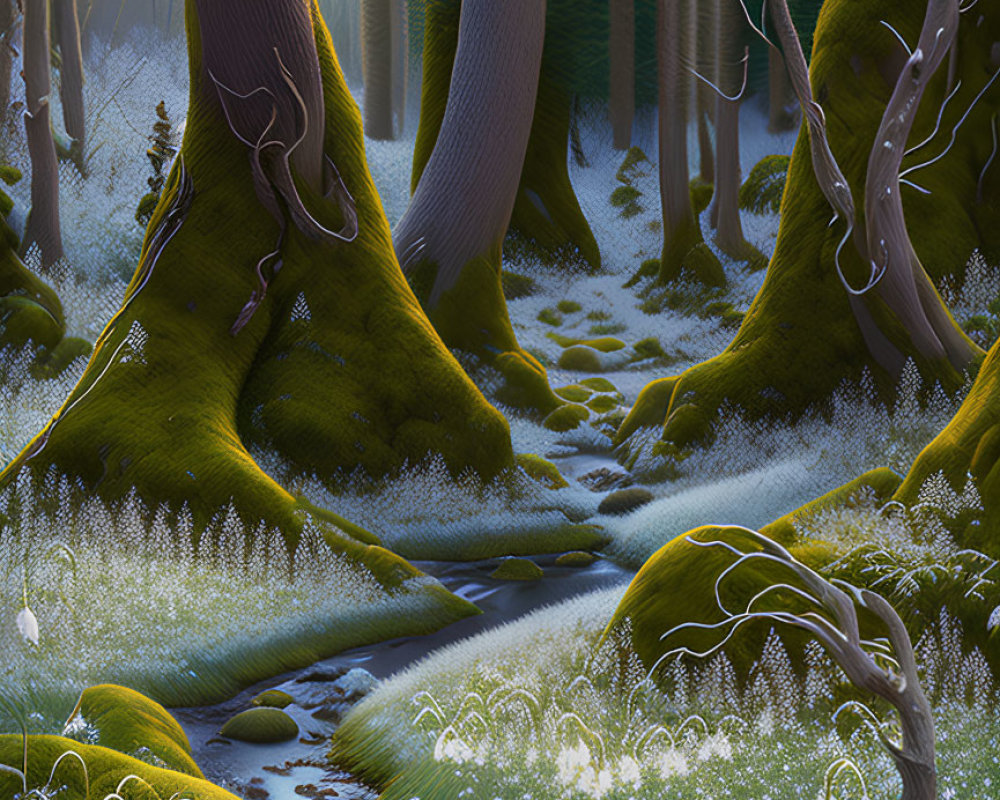 Tranquil Forest Glade with Moss-Covered Trees and Stream