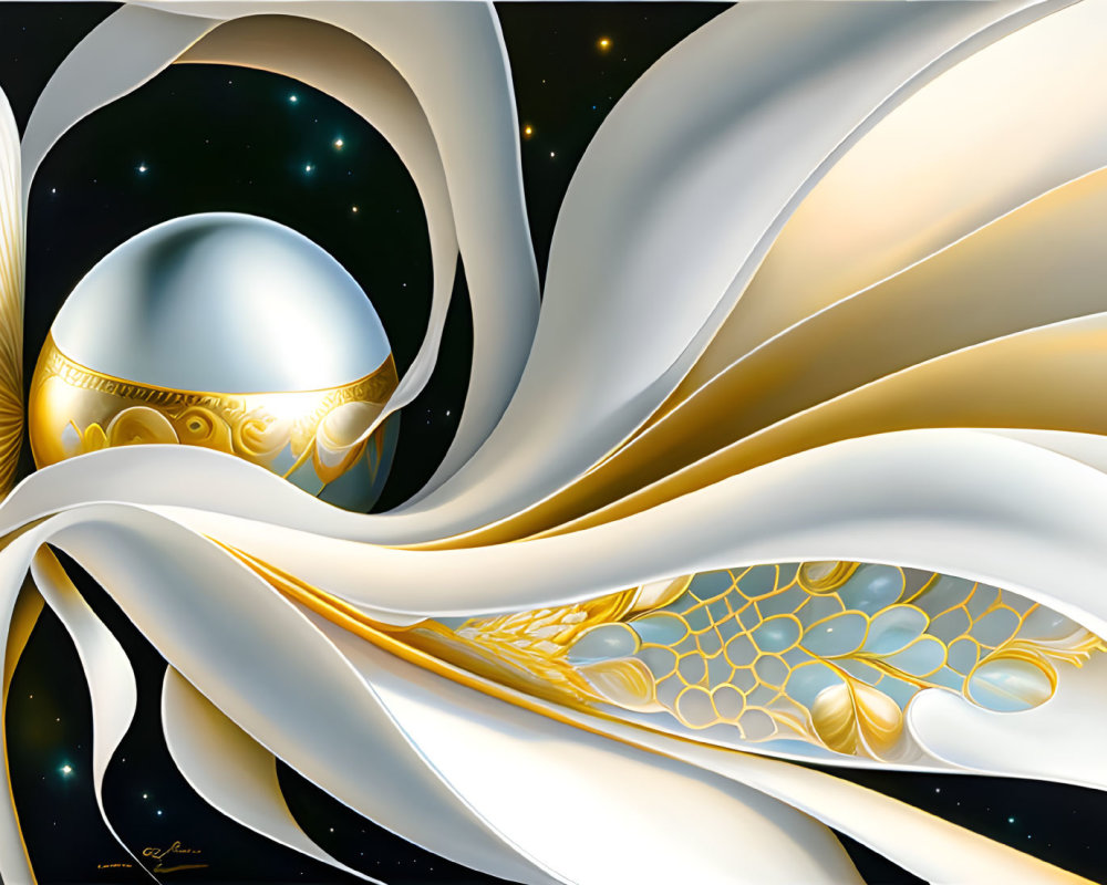 Abstract White and Gold Swirling Artwork with Cosmic and Delicate Patterns