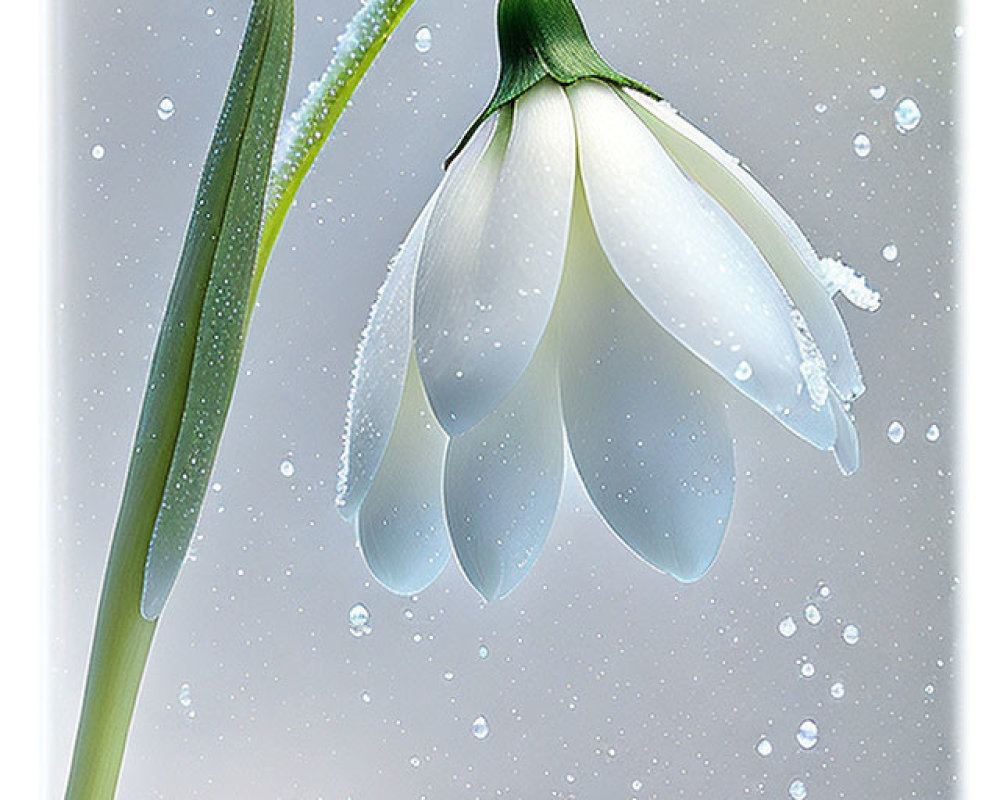 White Snowdrop Flower with Water Droplets on Green Stem