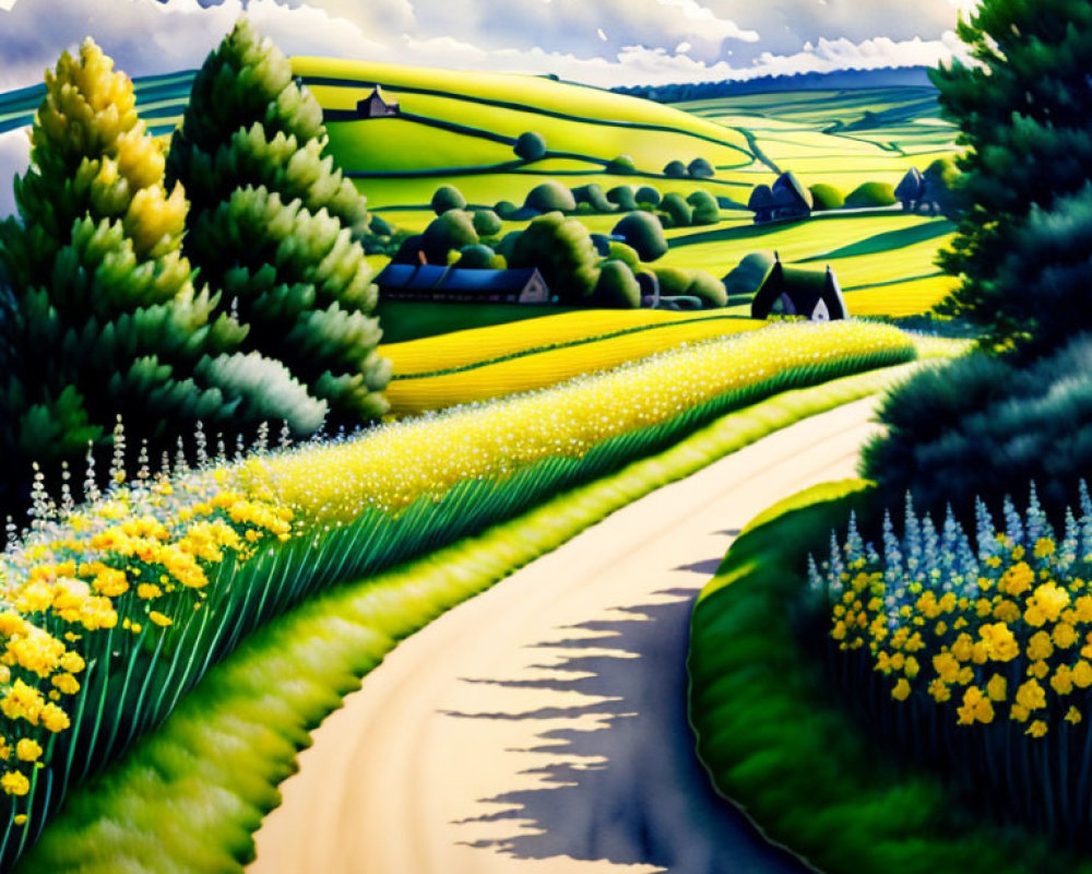 Vibrant countryside painting with winding road and rolling hills