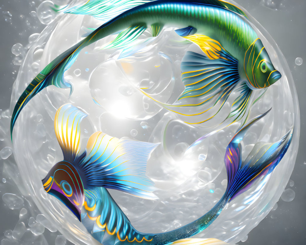 Colorful digital art: Two fish in bubble with flowing fins