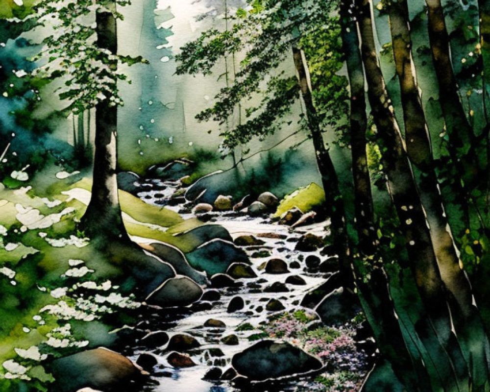 Serene Watercolor Forest Stream Painting with Rocks and Trees