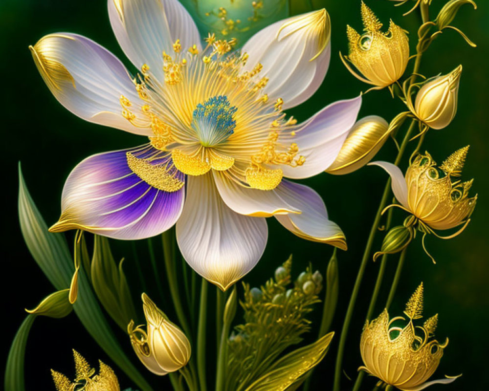 Ethereal digital artwork: Luminescent white flower with gold details and ornate golden buds on