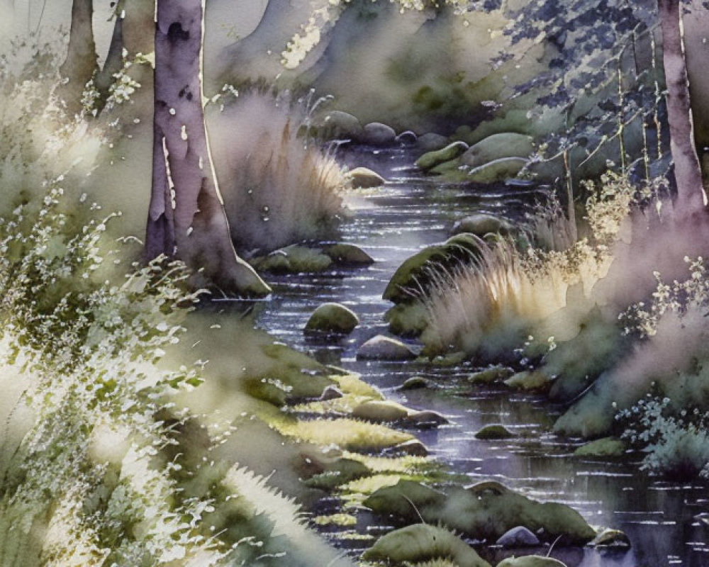 Tranquil Watercolor Painting of Forest Stream