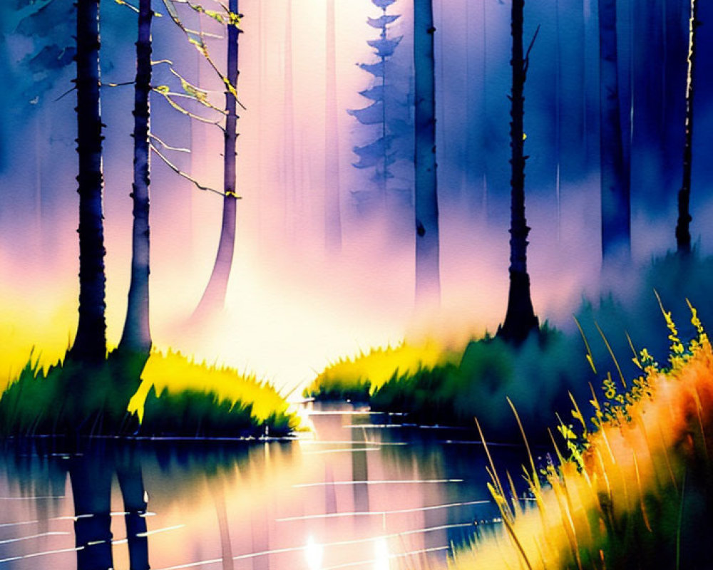 Colorful Watercolor Painting of Forest Scene at Sunset