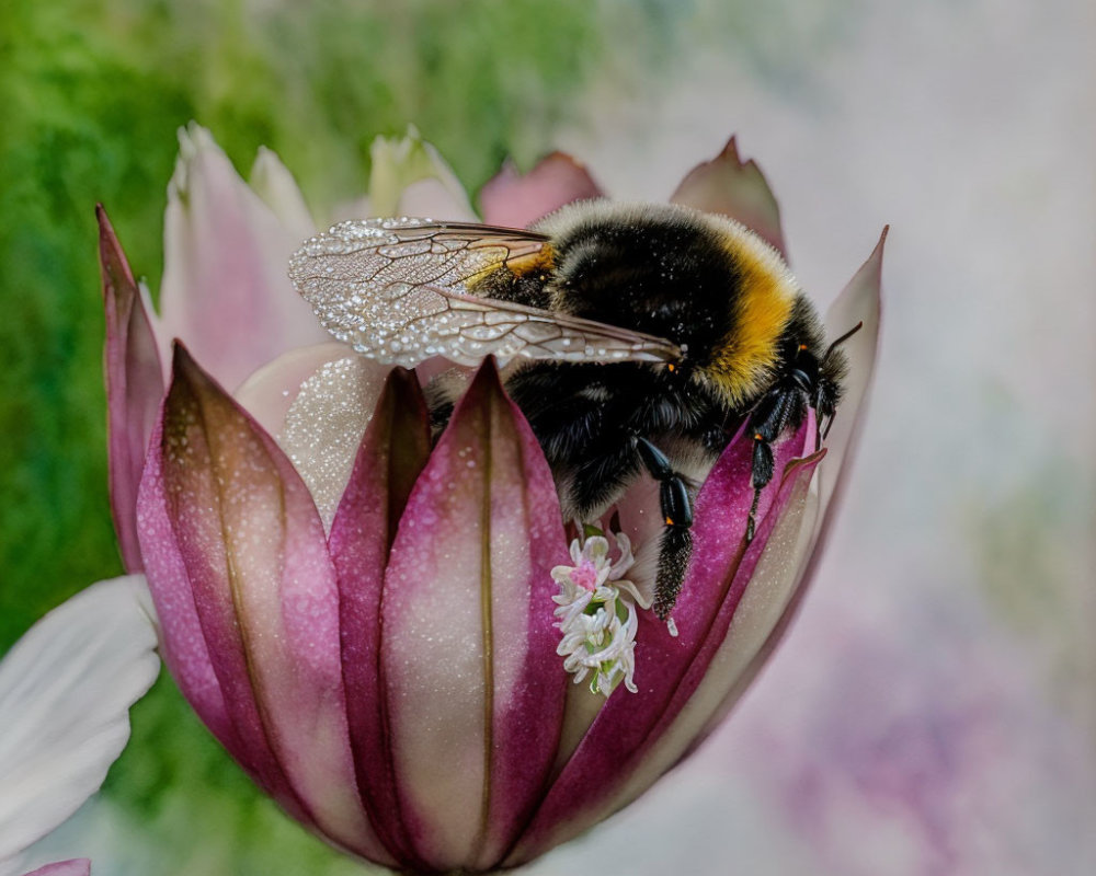 Bumblebee with dew on wings on pink flower bud in soft-focus background