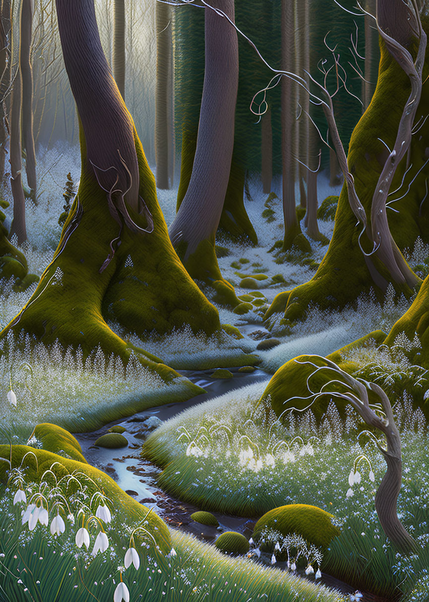 Tranquil Forest Glade with Moss-Covered Trees and Stream