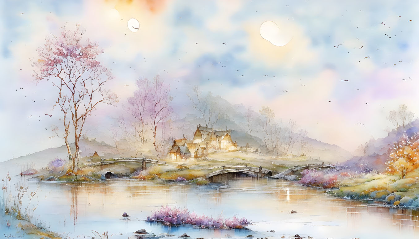 Tranquil watercolor landscape with lake, bridge, and cottages at dawn