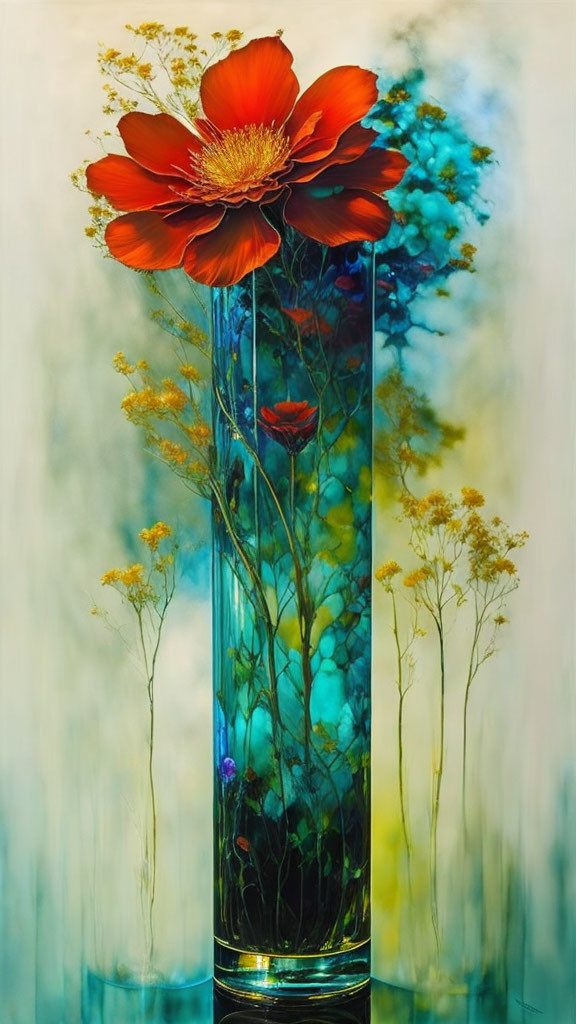 Colorful Flower Arrangement in Tall Vase with Gradient Background