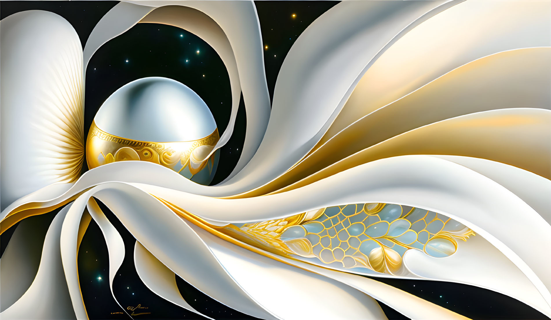 Abstract White and Gold Swirling Artwork with Cosmic and Delicate Patterns