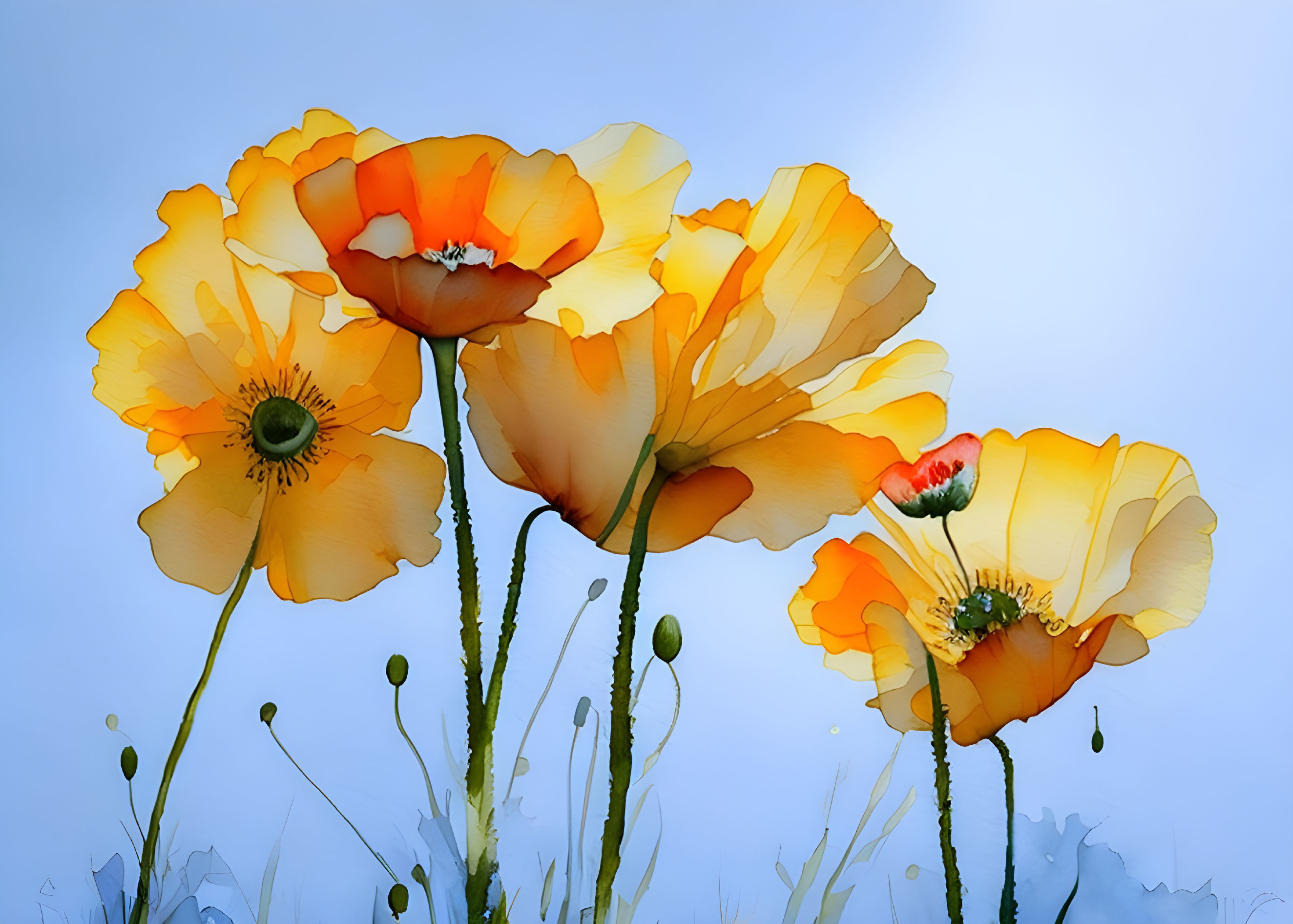 Colorful Poppy Flowers on Soft Blue Background