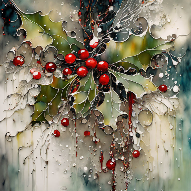 Abstract artwork of plant with red berries and silver leaves on blurred background.