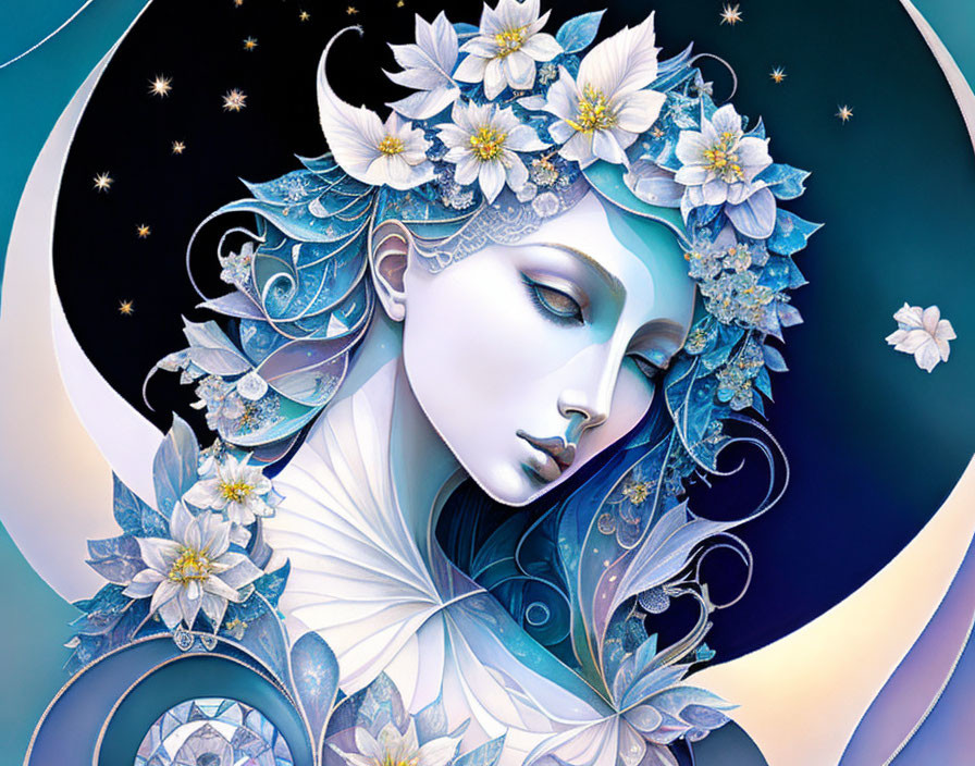 Stylized female figure with blue hair and celestial background