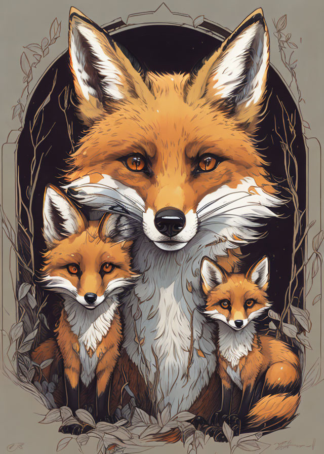 Detailed portrait of three foxes with foliage background